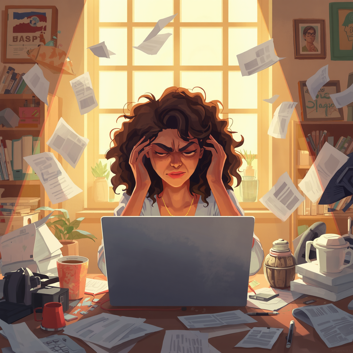 A woman struggling with her laptop, looking frustrated or stressed while working on computer